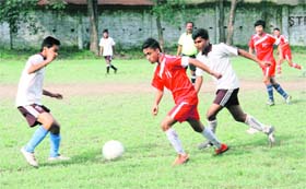 A match in the Hemwati Nandan Bahuguna Memorial Football Tournament played at Marshall school in Jogiwala on Sunday