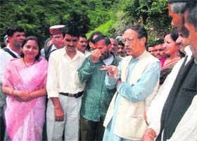 Former Chief Minister BC Khanduri interacts with locals in Thatyur on Monday