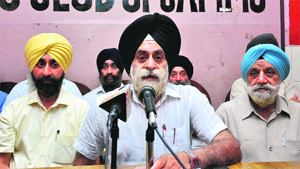Leaders of Sikh organisations address mediapersons in Jammu on Monday. 