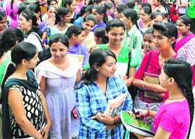 Girl students at Government Mohindra College in Patiala on Monday