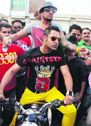 Actors Gippy Grewal and Jazzy B pose for shutterbugs during the promotional tour of their upcoming Punjabi movie Best of Luck in Bathinda on Tuesday.