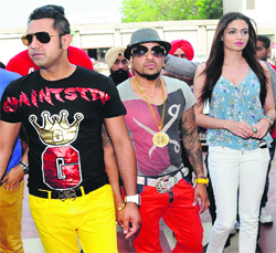 Gippy Grewal, Jazzy B and Simran Kaur Mundi arrive to address a press meet to promote their film Best of Luck in Bathinda on Tuesday.