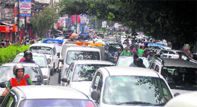 A traffic jam on Rajpur Road following a strike by auto and van drivers in Dehradun on Tuesday.