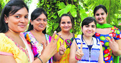 Toppers of the Khalsa College for Women in the MSc (IT) part II examination in a jubilant mood in Ludhiana. Photo: Inderjeet verma