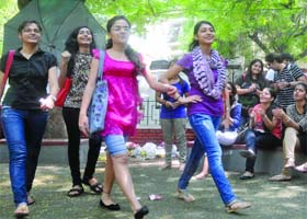 Freshers on the first day of their academic session at Hans Raj College, Delhi University on Wednesday