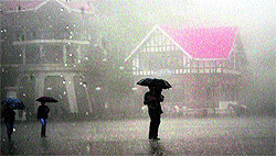 People walk under umbrellas during a heavy rainfall in Shimla on Wednesday