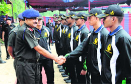 Brigadier Hari Singh interacts with the members of the Army trekking expedition before flagging it off for Zanskar Range, at the Bathinda military station on Thursday. 