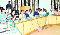 Finance Minister Indira Hriyadesh along with District Magistrate Nidhi Pandey reviews a meeting in Haridwar on Thursday. 