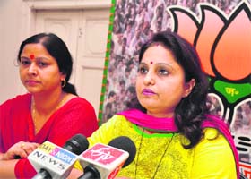 State president, BJP Mahila Morcha, Priya Sethi addresses mediapersons in Jammu on Thursday