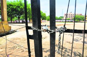 The locked main gate of the Parade ground in Jammu on Thursday