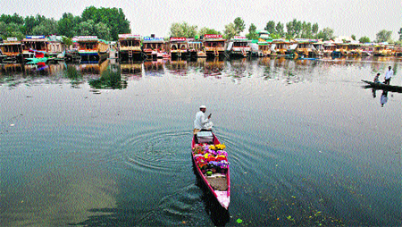 A boatman ferries flowers on the Dal Lake in Srinagar. Photo: Yawar Kabli