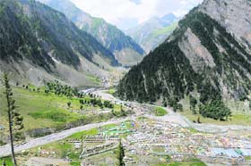 An aerial view of pilgrims progressing towards the Amarnath shrine on Thursday