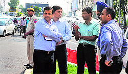 Experts inspect traffic at Jagraon Bridge in Ludhiana on Thursday