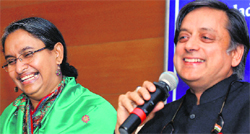 Bangladesh Foreign Minister Dipu Moni with MoS for HRD Shashi Tharoor in New Delhi on Thursday.  PTI 