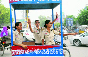 Police constables control the traffic at Hanuman Chowk in Bathinda on Friday as traffic police personnel were busy on other routes due to the CMs visit to the city.