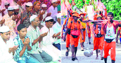 Muslims offer prayers on the second Jumma of the pious month of Mah-e-Ramzan at Roorkee on Friday; and (right) Kanwariyas go back to their destinations after fetching Ganga jal in Haridwar.
