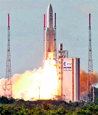 Ariane 5 rocket takes off from Kourou in French Guiana.