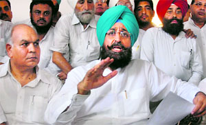 PPCC chief Partap Singh Bajwa and other senior Congress leaders in Jalandhar on Friday. 