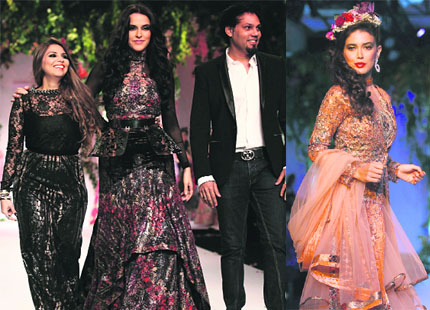 (L-R) Neha Dhupia with Falguni & Shane: a model in their creation