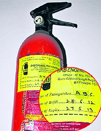 An expired fire extinguisher installed at the District Administrative Complex in Bathinda