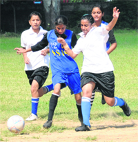 Players in action during a soccer match at Govt Model Senior Secondary School, Sector 22, in Chandigarh on Saturday.