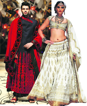 (L-R) A model walks the ramp, Sonam Kapoor is the showstopper and Rohit Bal shakes a leg at the grand finale