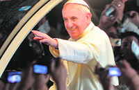 Pope Francis leaves the Cathedral of St Sebastian in Rio de Janeiro where he celebrated mass with bishops, priests and seminarians on Saturday. AFP