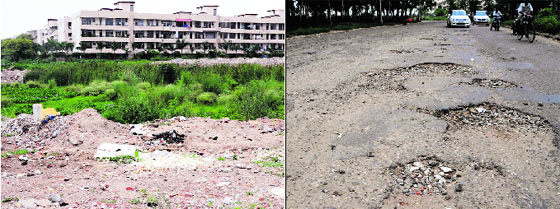 An undeveloped area in Sector 50, Chandigarh, and (right) potholes on the road separating Sectors 50 and 51. 