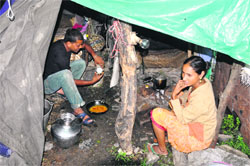 Motima Devi of Sela village, who lost her house and land, sits in a tent at Jauljibi in Pithoragarh district