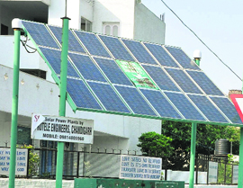 A view of a solar panel installed in Chandigarh. Renewable energy’s contribution to the electricity mix in India in 2009 was 34% of which 78% was hydro and the rest included wind (90%) and solar and other renewable energy (10%).