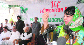 People's Democratic Party president Mehbooba Mufti addresses party workers in Srinagar on Sunday.
