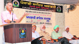 Daljit Ami, a Punjabi documentary filmmaker, speaks during a programme at Punjabi Bhawan in Ludhiana on Sunday.