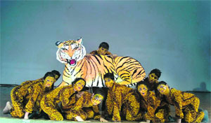 Children perform at a function held to mark the Global Tiger Day at the Millennium School in Bathinda on Monday.