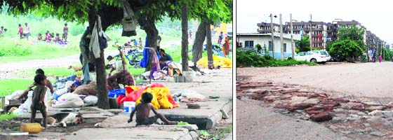 Slum dwellers have encroached upon pavements at Sector 14 in Panchkula; and (right) a potholed road in Sector 20
