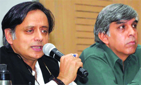Minister of State for Human Resource Development Shashi Tharoor along with Vice-Chancellor of Delhi University Prof. Dinesh Singh addresses a gathering of students at the Vidyarthi Panchayat organized on North Campus, Delhi University on Monday.
