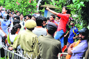 ABVP activists protest against the Rashtriya Ucchatar Shiksha Abhiyan (RUSA) at the PG College campus in Dharamsala on Sunday.