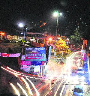 A trail of lights depicts traffic congestion in Mandi. 