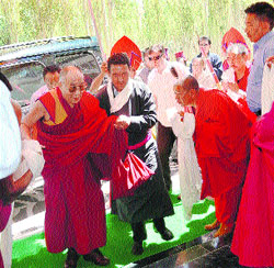 The Dalai Lama being welcomed in Leh on Monday. 