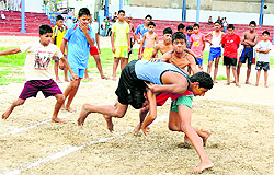 Candidates take part in game proficiency trials for admission to the Sports School, Ghudda