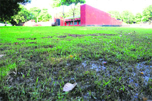 A damaged patch of the ground due to rain at the Hockey Stadium, Sector 18, in Chandigarh on Tuesday.