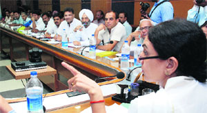 Panchkula Mayor Upinder Ahluwalia chairs a meeting of the MC in Panchkula on Tuesday.
