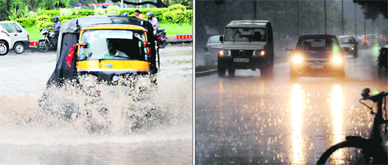 A waterlogged roundabout adjoining Sectors 20 and 21; and (extreme right) vehicles move with their headlights on during rain in Chandigarh on Tuesday. 