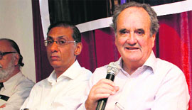 Author and journalist Mark Tully interacts with students at a programme organised by The Doon Library and Research Centre in Dehradun on Tuesday. 