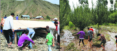 A dwelling that was flattened; (right) flash floods were set off by the cloudburst that hit Dadoo village of Mudhama area in Anantnag district.