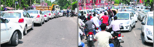 Vehicles stuck in a traffic jam at Ghumar Mandi; and (right) chaos outside the Khalsa College for Women in Ludhiana on Tuesday.