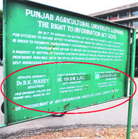 A notice board displays outdated information regarding the RTI at the PAU in Ludhiana.