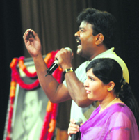 Vinay and Hargun perform at the Rafi night at the Tagore Theatre in Chandigarh on Wednesday. 