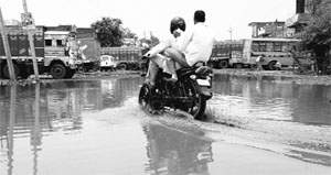 The waterlogged road connecting Rohtak Chowk to Bhiwani Chungi in Jind district on Wednesday.  