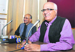 Peter Ronald d'Souza, outgoing Director, IIAS, with Prof Chetan Singh, acting Director, in Shimla on Wednesday. 