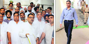A delegation of Congress leaders show a copy of memorandum submitted to the Police Commissioner; and (right) CISF 